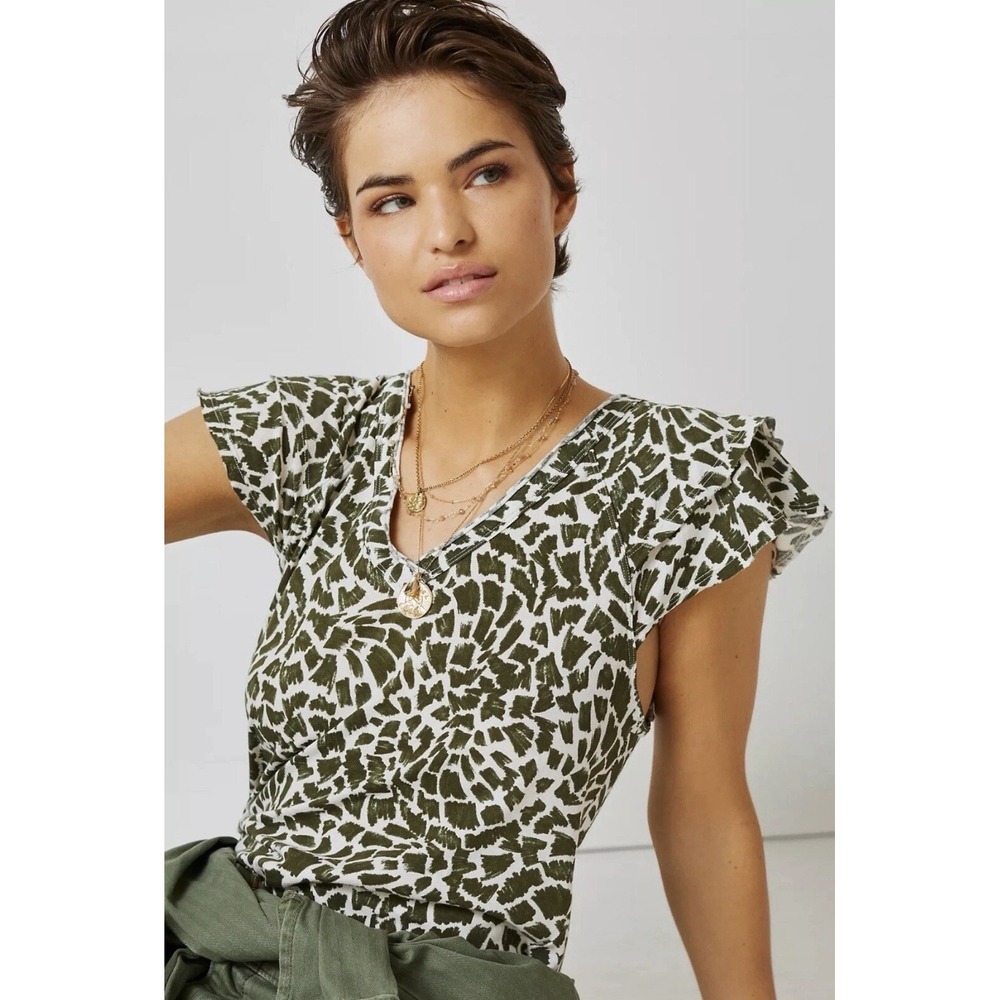Anthropologie Maeve Green Spotted Motif Catie Ruffled V-neck Tee Top Medium